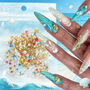 1 Bag Mixed Mermaid Beads Nail Charms Mixed Ocean Nail Charms Kit Gold Starfish Shell Nail Decorations Gems for Press on Nails