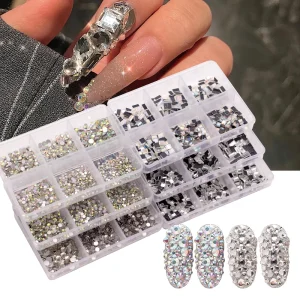 1 Box Crystal Flatback Nail Art Rhinestone Flat Bottom Square Mixed Color Shape DIY Stone Nail Art 3D Decoration in 6 Grid