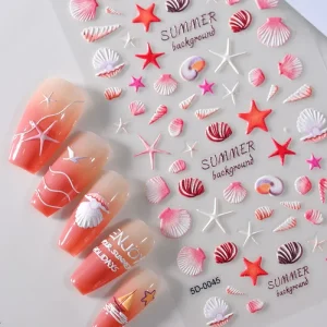 1 Sheet 5D Nail Art Stickers Summer Ocean Beach Sea Shell Starfish Embossed Self Adhesive Decals Sliders