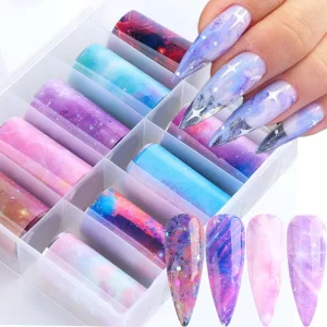 10 Colors Starry Sky Pattern Lace Style 3D Nail Foil Decals Plastic Nail Sticker 4*100cm Transfer