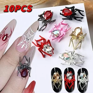 10 Pcs Halloween Spider Nail Art Rhinestones Dark Gothic Alloy Gem 3D Metallic Nail Charms Decorations Nail Accessories Kit