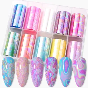 10-Piece Holographic Nail Foil Sticker Kit Waterproof Plastic 2D & 3D Transfer Sheets for DIY Nail Art