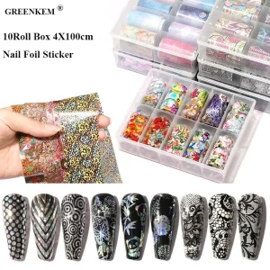 10 Roll Box 4X100cm Starry AB Paper Wraps Adhesive Nails Decor Floral Butterfly Glitter Holographic Transfer Nail Foil Sticker
