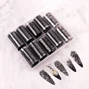 10 Roll Nail Art Transfer Foil Sticker Set Black White Lace Flower Adhesive Starry Paper Manicure Gel Wraps Decals Nail Foil Art