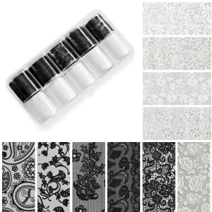 10 Rolls Black White Lace Nail Transfer Foil Vintage Floral Nail Art Transfer Stickers Hollow Mesh Lace DIY Nail Foils Decals