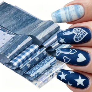 10 Rolls Blue Jeans Pattern Nail Transfer Foil Star Heart Checkered Plaid Nail Art Foil Retro Denim Texture Nail Foil Stickers