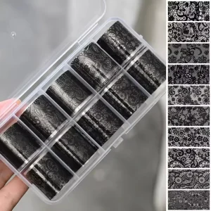 10 Rolls Box Lace Nail Foil Sticker White Black Transfer Foil Flower Nail Art Decals Acrylic Nails Decoration Manicure Stickers