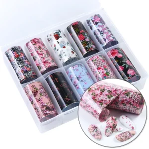 10 Rolls Box Nail Art Foils Flowers Charms Floral Nail Transfer Stickers Set 3d Adhesive Wraps Designs Acrylic Decals Nail Tops