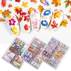 10 Rolls Box Nail Art Foils Flowers Star Nail Transfer Stickers Set Adhesive Wraps Designs Acrylic Decals Nail Tops