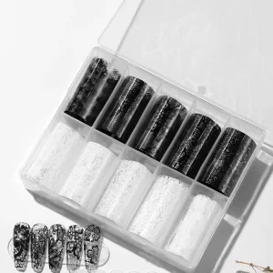 10 Rolls Box White Black Lace Nail Art Foils Set Nail Transfer Sticker Paper DIY Manicure Nail Decoration Accessories