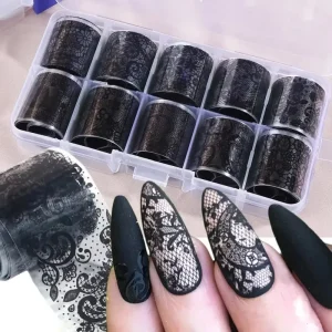 10 Rolls Box White Black Lace Nail Art Foils Set Nail Transfer Sticker Paper DIY Manicure Nail Decoration Accessories