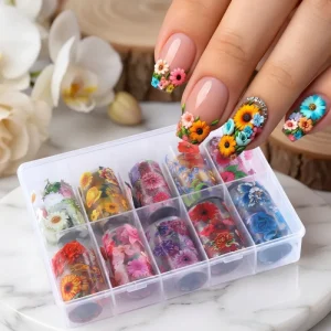 10 Rolls Floral Nail Transfer Foil Paper Set Mixed Floral Colorful Rose Floral Nail Art Stickers with Organizer Box