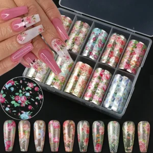 10 Rolls Summer Floral Nail Art Transfer Foil Rose Flower Starry Sky Nail Transfer Paper Manicure Decoration Stickers for Salon