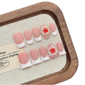 100% Handmade Square ABS Faux Ongle Short Press on Nails for Women 3D Flower French Tip Finger Application