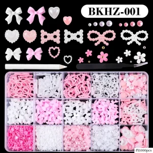 1000pcs Pink&White Bow Nail Charms Multi Shape Nail Decoration Flatback Pearl Beads Flower with Tweezer Pickup Pencil