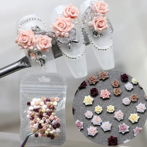 100pcs Bag Colorful Soft Carved Rose Nails Art Camellia Flower 3D Resin Mixed Nail Charms DIY Manicure Accessories Nail Supplies