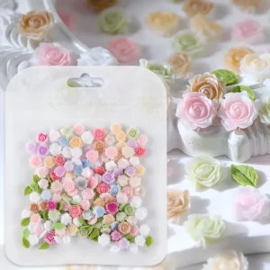 100pcs Summer 3D Flower Nail Art Charms With Green Leaf Mixed Colours Resin Rose Nail Decoration for DIY Manicure Accessories