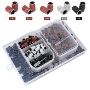 100pcs box Sanding Cap Bands for Electric Manicure Machine 180 120 80 Grit Nail Drill Grinding Bit Files Pedicure Nail Bits Tool