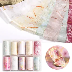 10PCS 4*100cm 2D Marble Nail Foils Nail Transfer Foil Stickers Plastic Film Slider Water Adhesive Decal Manicure Decoration