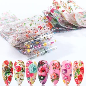 10PCS Nail Art Transfer Foils Mixed Flowers Japan Nail Sticker Decals Polish Manicure Decorations Charm Slider Set Nail Tops