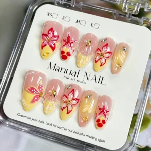 10Pcs box XS S M Painted False Nails Nude Pink Gradient Floral with Decorations for Party Wedding Daily Wear Press on Nails