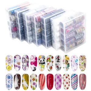 10pc Box Holographic Nail Foil Starry Sky Flower Lace Fruit Transfer Paper Nail Polish Sticker Decals Foils 3D DIY Manicure Set