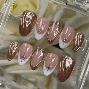 10pcs 3D Flower False Nails French Almond ABS for Finger Wear Artificial Pressed on Fake Nails