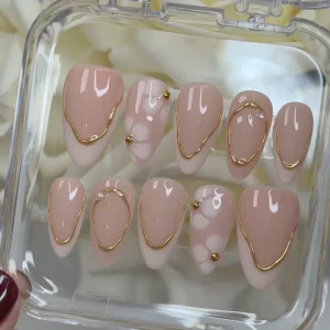 10pcs 3D Flower False Nails French Almond ABS for Finger Wear Artificial Pressed on Fake Nails