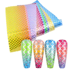 10pcs 3D Laser Fish Scales Nail Foil Holographic Gradient Mermaid Transfer Sticker Wave Decal Starry Paper Nail Decoration