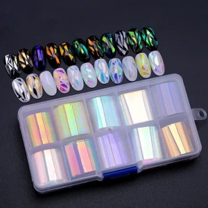 10pcs Box Colorful Shiny 3D Laser Aurora Broken Glass Nail Decal Plastic Foil Sticker DIY Glitter Nail Transfer Paper