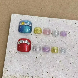 10pcs Handmade 3D Diamond Acrylic Press On Toenails Coffin Design Custom False Nails with Glue for Nail Art Salon