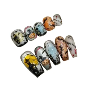 10pcs Handmade Acrylic Press on Nails New Styles Great Atmosphere Almond Coffin Pattern Holiday themed Halloween