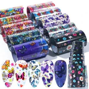 10pcs Mixed Printed Nail Stickers Transfer Foils Butterfly Nail Art Decorations Designs Decals Sliders Manicure Nail Top