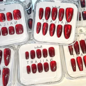 10pcs Red Cat Eye Almond Coffin Design False Nails Set Glue Full Cover Pre Designed Custom Logo Option Medium Length DIY