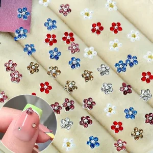 10pcs bag Mini Five Petal Flower Nail Decoration Exquisite Inlaid Pearl Rhinestones Alloy Flowers Nails Diamonds Accessories