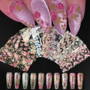 10pcs bag Summer Floral Nail Art Transfer Foil Vintage Rose Nail Art Transfer Foil Holographic Flower Print Nail Art Stickers