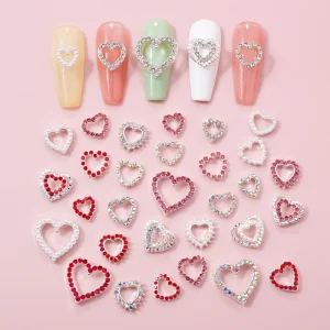 10pcs bag Valentine’s Day Heart Nail Charms Rhinestones Nail Charms Alloy 3D Rhinestones Nail Art Decoration Accessories
