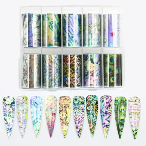 10rolls Peacock Nail Art Foil Transfer Stickers 3D Abalone Shell Design Nail Transfer Decals