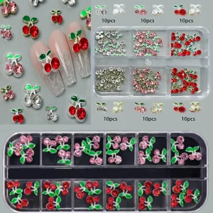 12 6 Grid box Cherry Design Nail Art Decorations Pink Red Manicure Metal Jewelry Accessories Rhinestones Charm DIY