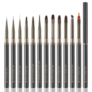 12 Color Gel Nail Brush Set Metal Rod Nail Tools with Nylon Handle Crimped Ferrule Custom Logo Liner Hair Shape