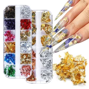 12 Colors Boxed Gold Nail Foil Kit Fragments DIY Aluminum Paper Nail Stickers Flakes Nails Art Decoration Sequins
