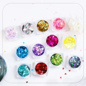 12 Colors HB Holographic Butterfly Nail Flakes Iridescent 3D Laser Butterfly Glitter Powder for Nails Art Decoration