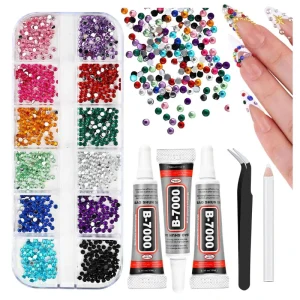 12 Colors Mini Resin Flat Bottom Nail Art Rhinestones Kit with Glue & Tweezers for Luxury Nail Decoration