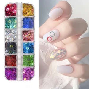 12 Colors Round Hollow Sequins Nails Glitter 3D Design Nail Art Decorations Set