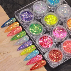 12 Colors Set Sparkly Nail Glitter Powder 3D Shiny Colorful Acrylic Nail Powder