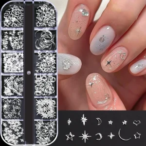 12 Gird Nail Art Decoration Flatback Ball Gold Silver Beads Ribbon Line Bows Wings Mixed Nail Art Charms Decorations DIY Nails