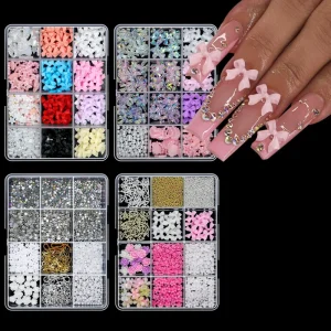 12 Grid 3D Bow Knot Nail Decoration Kit Cartoon Rabbit Bow Pearl Mixed Set Beads Flowers Resin Nail Charms Box