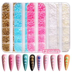 12-Grid 3D Flat-Back Pearl Nail Charms Salon Decorations for Nail Art Made of Plastic