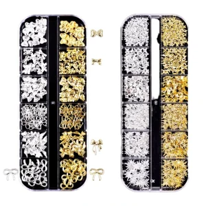12 Grid 3D Start Nail Art Decoration Mix Metal Jewelry Bow Charms Kit DIY Manicure Alloy Bow Rhinestones Bling Bling Non-Hotfix