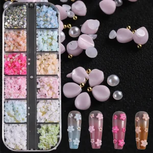 12 Grid Box 3D Resin Five Petal Flower Nail Art Decoration Mixed Rhinestones Gold Beads Nail Decorations